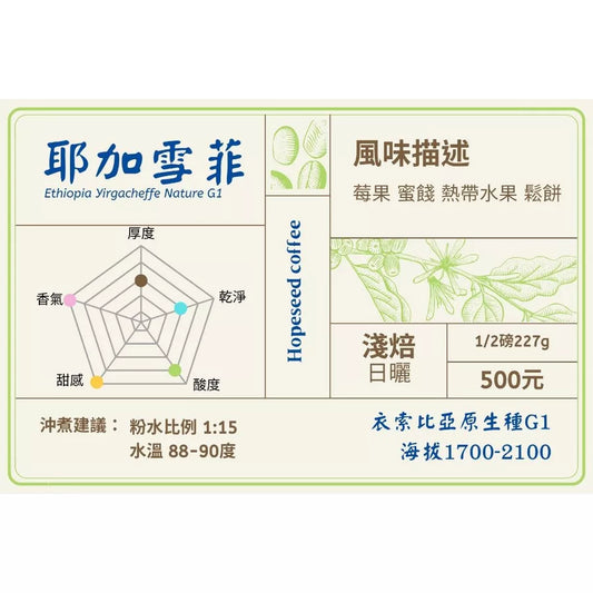 ＜希望種子咖啡＞衣索比亞 耶加雪菲 水洗 G1(耳掛包，淺焙) 自家烘焙 精品咖啡